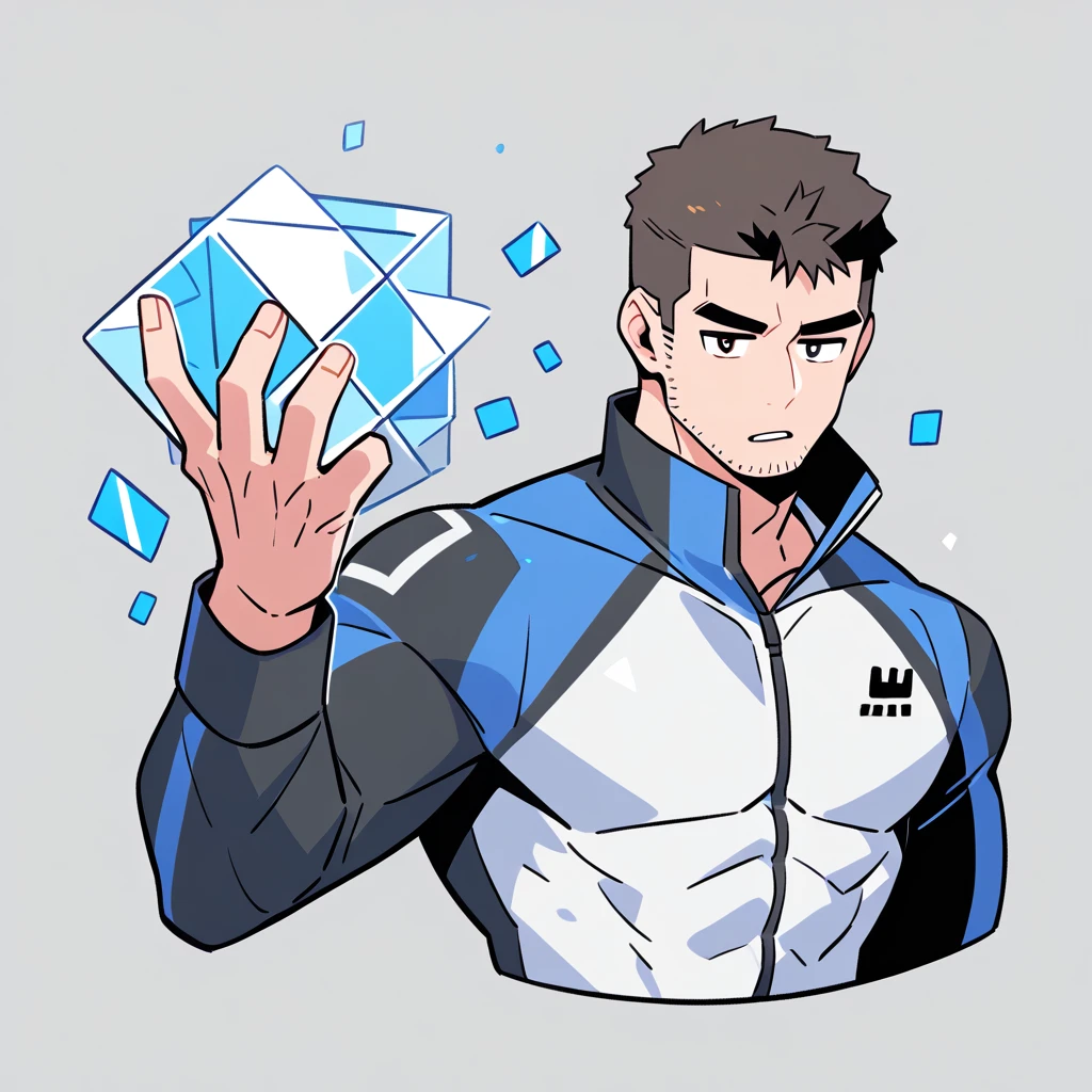anime characters:Chris Redfield, Muscle Sports Student, Buzz Cut, Manliness, male focus, Dark black high collar long sleeve tight T-shirt, Slightly transparent material, Very tight, Round, full and perky chest muscles, muscular male, muscular, only, Upper body, alone, Black short hair, Thick eyebrows, stubble, Brown-red pupils, Grey background, simple background, amazing quality, best aesthetics, Ridiculous, crew cut, parted lips, v-shaped eyebrows, jitome, best quality