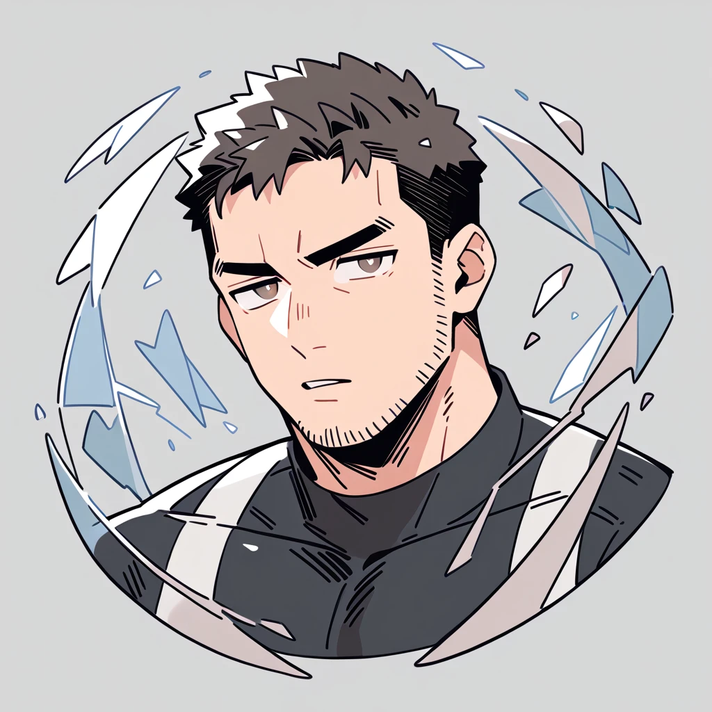 anime characters:Chris Redfield, Muscle Sports Student, Buzz Cut, Manliness, male focus, Dark black high collar long sleeve tight T-shirt, Slightly transparent material, Very tight, Round, full and perky chest muscles, muscular male, muscular, only, Upper body, alone, Black short hair, Thick eyebrows, stubble, Brown-red pupils, Grey background, simple background, amazing quality, best aesthetics, Ridiculous, crew cut, parted lips, v-shaped eyebrows, jitome, best quality