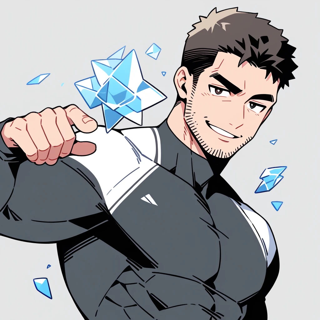 anime characters：Chris Redfield, Muscle Sports Student, Buzz Cut, Manliness, male focus, Dark black high collar long sleeve tight T-shirt, Slightly transparent material, Very tight, Round, full and perky chest muscles, muscular male, muscular, only, Upper body, alone, Black short hair, Thick eyebrows, stubble, Brown-red pupils, Grey background, simple background, amazing quality, best aesthetics, Ridiculous, crew cut, parted lips, raised eyebrow, seductive smile, naughty face, best quality