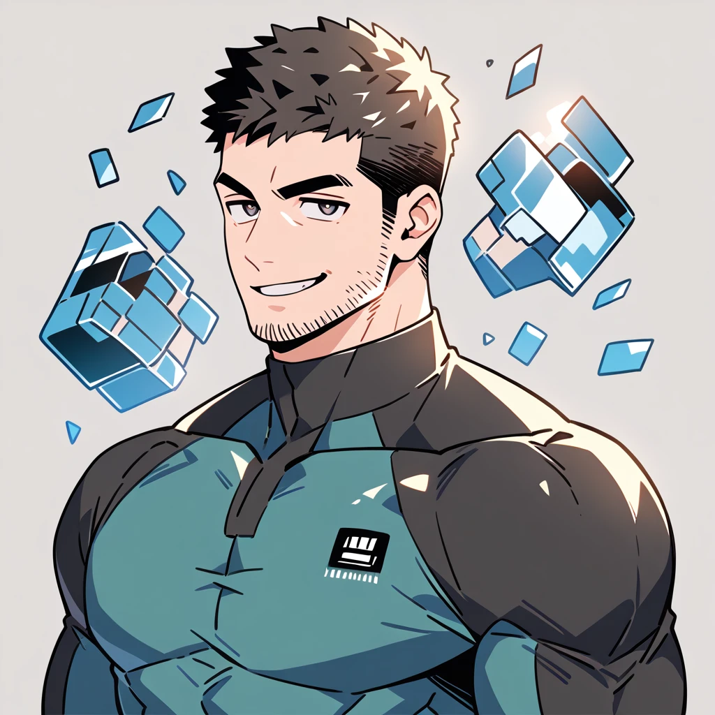 anime characters:Chris Redfield, Muscle Sports Student, Buzz Cut, Manliness, male focus, Dark black high collar long sleeve tight T-shirt, Slightly transparent material, Very tight, Round, full and perky chest muscles, muscular male, muscular, only, Upper body, alone, Black short hair, Thick eyebrows, stubble, Brown-red pupils, Grey background, simple background, amazing quality, best aesthetics, Ridiculous, crew cut, parted lips, raised eyebrow, seductive smile, naughty face, best quality