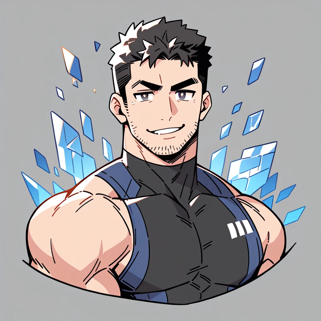 anime characters:Chris Redfield, Muscle Sports Student, Buzz Cut, Manliness, male focus, Dark black high collar long sleeve tight T-shirt, Slightly transparent material, Very tight, Round, full and perky chest muscles, muscular male, muscular, only, Upper body, alone, Black short hair, Thick eyebrows, stubble, Brown-red pupils, Grey background, simple background, amazing quality, best aesthetics, Ridiculous, crew cut, parted lips, raised eyebrow, seductive smile, naughty face, best quality