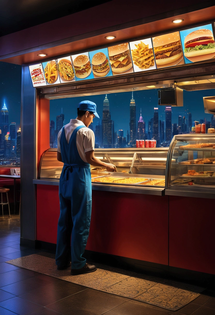 (Fast Food Worker), Cyberpunk style, a fast food clerk is doing the final tidying up work in the restaurant at night. The lights inside the restaurant emit charming colors, and the clerk's figure appears particularly prominent at the window, with the background of night city, full body, (Photography), panoramic view, award-winning, cinematic still, emotional, vignette, dynamic, vivid, (masterpiece, best quality, Professional, perfect composition, very aesthetic, absurdres, ultra-detailed, intricate details:1.3)