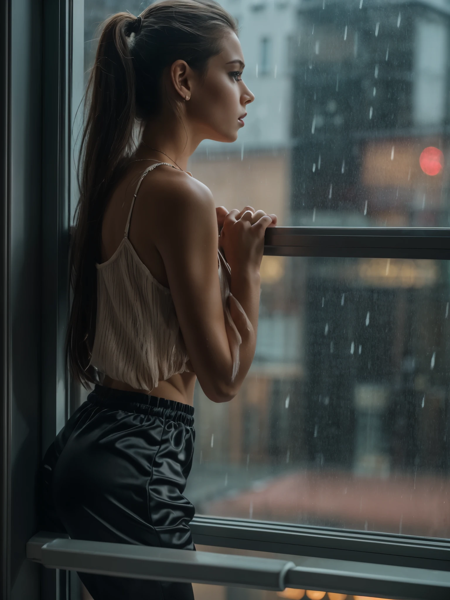 A young girl looks through a window and it is raining outside, she leans on the windowsill, she is wearing a sexy black satin jogging suit,4K, sexy Ass, candid ass, sexy Satin Pyjama,sexy pose