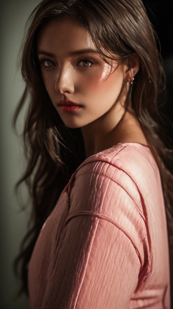 8k, best quality, masterpiece, ultra high resolution, (realism: 1.4), original photo, (Realistic skin texture: 1.3), (film grain: 1.3), (Selfie angle), 1 girl, pink clothes, Sapphire eyes and beautiful facial details, masterpiece, best quality, close up, The highest quality full body, Lady Godiva by John Maler Collier, perfecteyes