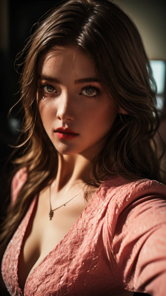 8k, best quality, masterpiece, ultra high resolution, (realism: 1.4), original photo, (Realistic skin texture: 1.3), (film grain: 1.3), (Selfie angle), 1 girl, pink clothes, Sapphire eyes and beautiful facial details, masterpiece, best quality, close up, The highest quality full body, Lady Godiva by John Maler Collier, perfecteyes