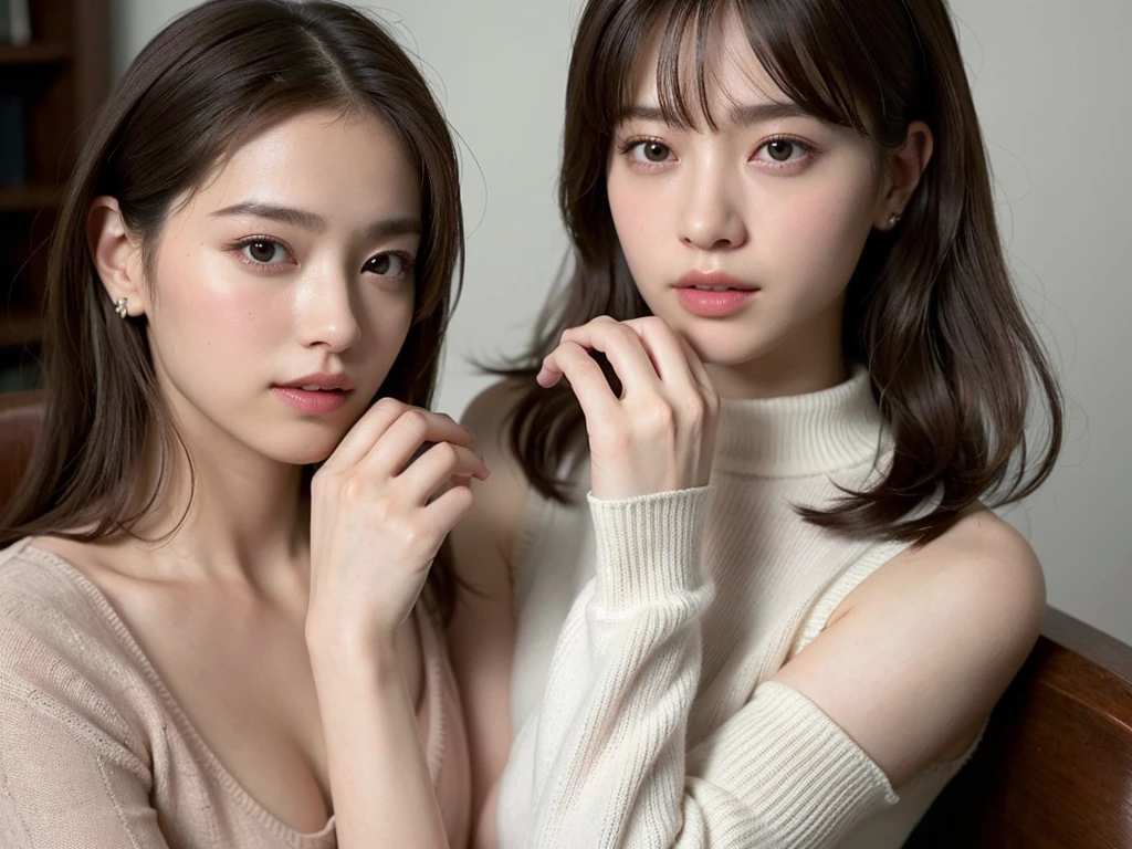 (Sleeveless:1.3) Put your hair up to reveal a sexy nape or neck 、beautiful, thin, Fair Arms Pureeros (super highest quality:1.3) (Very realistic, Realistic:1.3), (Sharp focus:1.3) Pure (Sharp focus:1.3) Wide background々Luxurious living room Bookshelf 3D Beautiful gradients A happy and kind smile Very high quality and stylish See-through bangs Elegant and intelligent Clean and stylish Excellent Education Women's Fashion Magazine model (Realistic and very high quality:1.3). (High resolution/High resolution:1.3) Tabletop, Very delicate and beautiful, Soft Light, (Brown Hair, Shoulder-length straight bob hair) Beautiful detailed girls, Highly detailed eyes and face, beautifully detailed nose, thin and beautiful eyes, 1 girl, Japanese, Pureな beauty, cute, young, Very stylish A spring sweater in spring-like colors Very stylish Supported by women Trending Fashion , (Medium Chest), Realistic Face, Realistic body,