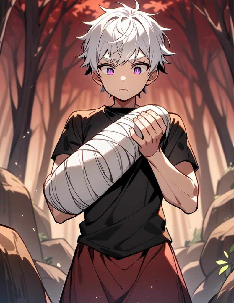small Greek boy with white hair, violet eyes, wearing a black shirt, with his arms covered in bandages, trying hard to carry a large rock with his hands, with a red forest of dry trees in the background