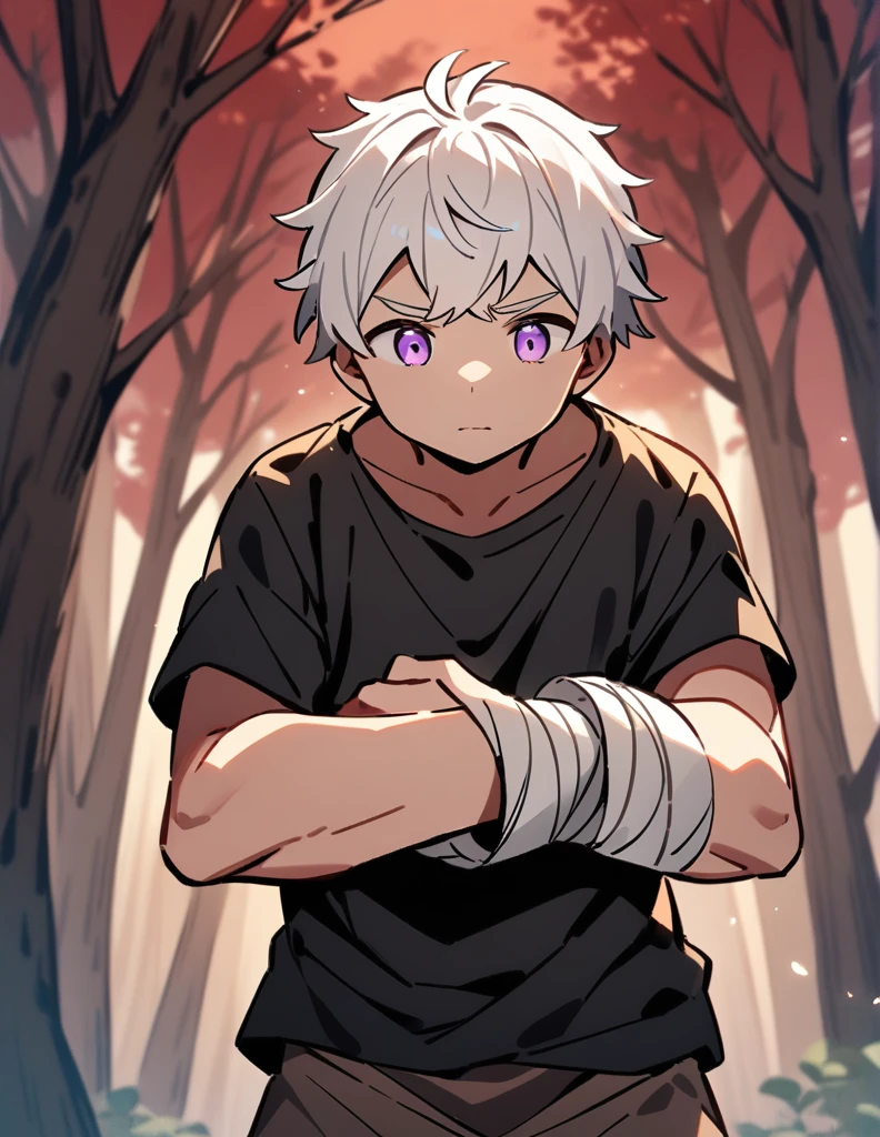 small Greek boy with white hair, violet eyes, wearing a black shirt, with his arms covered in bandages, trying hard to carry a large rock with his hands, with a red forest of dry trees in the background