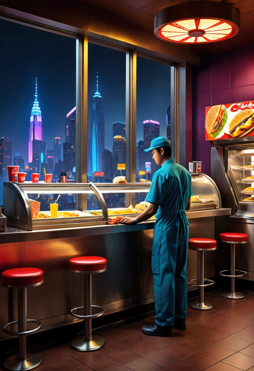 (Fast Food Worker), Cyberpunk style, a fast food clerk is doing the final tidying up work in the restaurant at night. The lights inside the restaurant emit charming colors, and the clerk's figure appears particularly prominent at the window, with the background of night city, full body, (Photography), panoramic view, award-winning, cinematic still, emotional, vignette, dynamic, vivid, (masterpiece, best quality, Professional, perfect composition, very aesthetic, absurdres, ultra-detailed, intricate details:1.3)