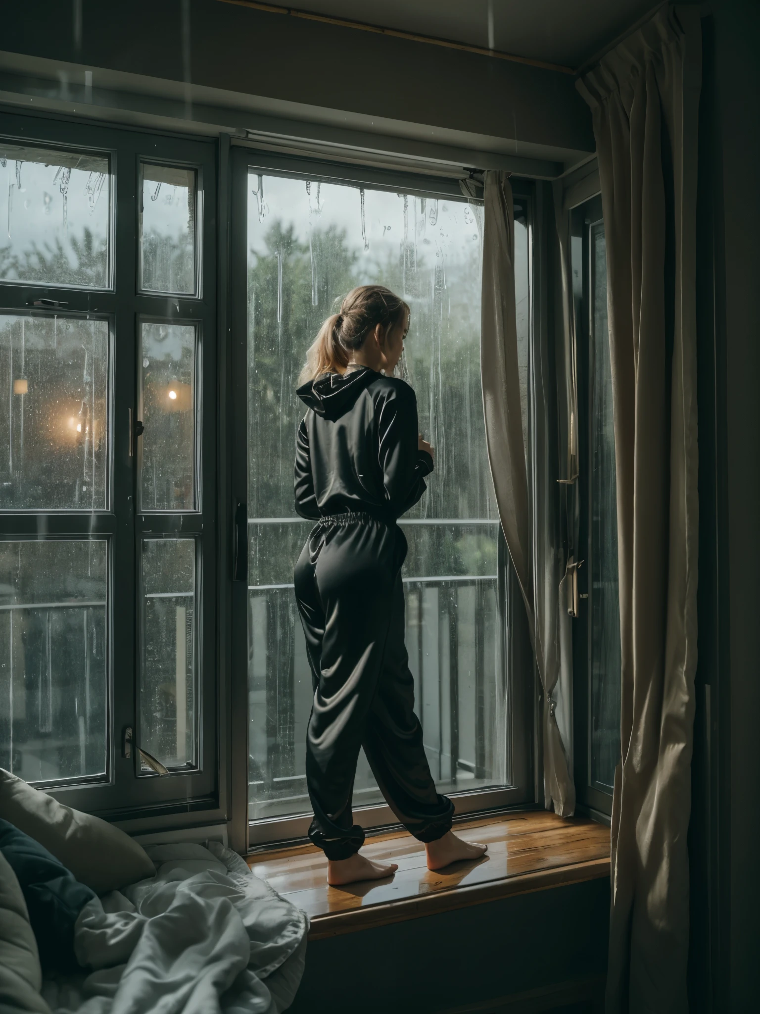 A young girl looks through a window and it is raining outside, she leans on the windowsill, she is wearing a sexy black satin jogging suit,4K, sexy Ass, candid ass, sexy Satin Pyjama,sexy pose