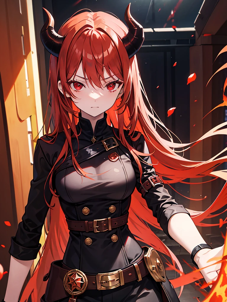 Girl with copper-amber hair, dark red eyes , sexy dark clothes, sly facial expression, , on the head there are black small demonic horns, average build , belt art , high detail studio light