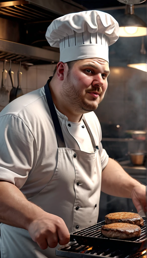 fast food worker, very fat cook, sweaty and dirty with grease, dirty and sweaty small and tight T-shirt, chef's cap on his head, standing at the kitchen grill and frying burgers, (best quality, 4K, 8K, high resolution, art: 1.2), ultra-detailed, (realistic, photorealistic, photorealistic: 1.37), fast food kitchen