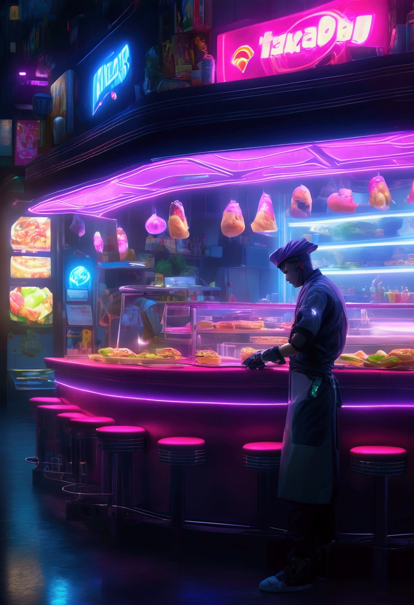(Fast Food Worker), Cyberpunk style, a fast food clerk is doing the final tidying up work in the restaurant at night. The lights inside the restaurant emit charming colors, and the clerk's figure appears particularly prominent at the window, with the background of night city, full body, (Photography), panoramic view, award-winning, cinematic still, emotional, vignette, dynamic, vivid, (masterpiece, best quality, Professional, perfect composition, very aesthetic, absurdres, ultra-detailed, intricate details:1.3)
