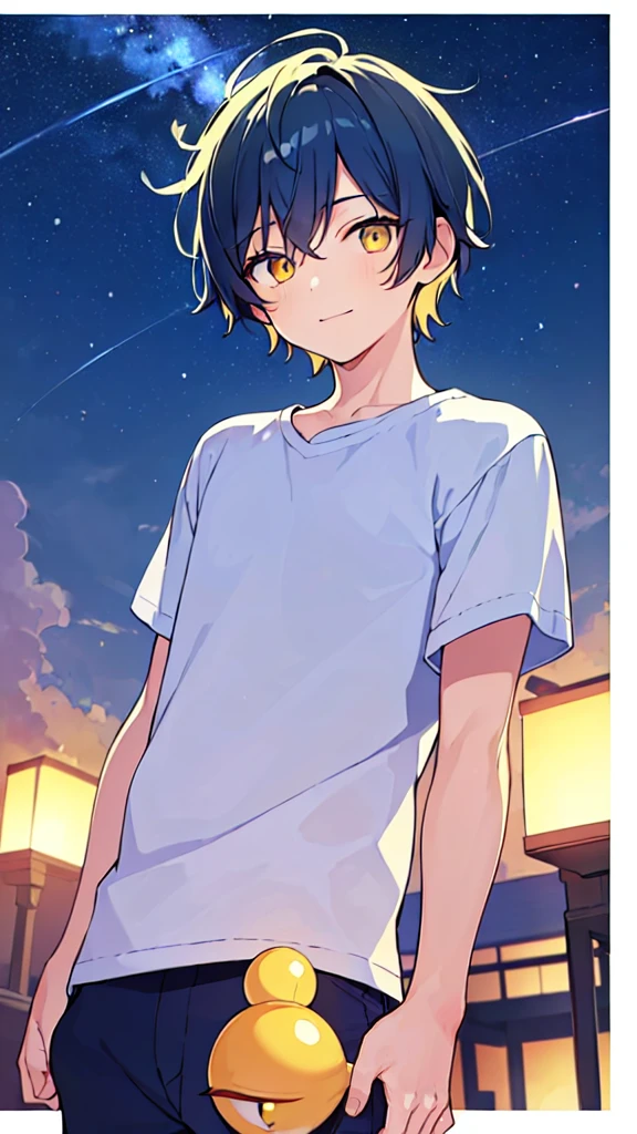 [(SUMMER BACKGROUND:1.5),::5], ((((masterpiece)))), high quality, very_high_resolution, large_filesize, upper body, full color, ((Solo)), ((little boy)), 13 old year, men's short deepblue hair, vivid color, ((yellow eye)), Summer clothes white, animestyle, light smile, ((Night))