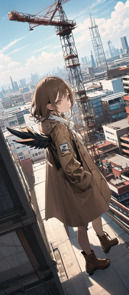 (masterpiece, best quality),from above , 1girl, solo, (feathered wings:1.2), billboard, brown eyes, brown hair, building, city, cloudy sky, coat, boots, crane \(machine\), dutch angle, from side, light frown, looking at viewer, outdoors, rooftop, sky, skyscraper