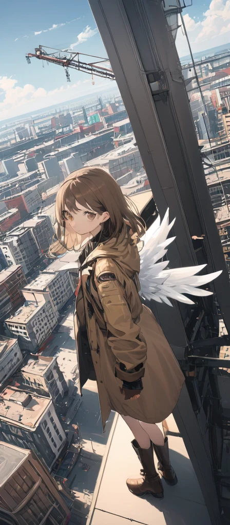 (masterpiece, best quality),from above , 1girl, solo, (feathered wings:1.2), billboard, brown eyes, brown hair, building, city, cloudy sky, coat, boots, crane \(machine\), dutch angle, from side, light frown, looking at viewer, outdoors, rooftop, sky, skyscraper
