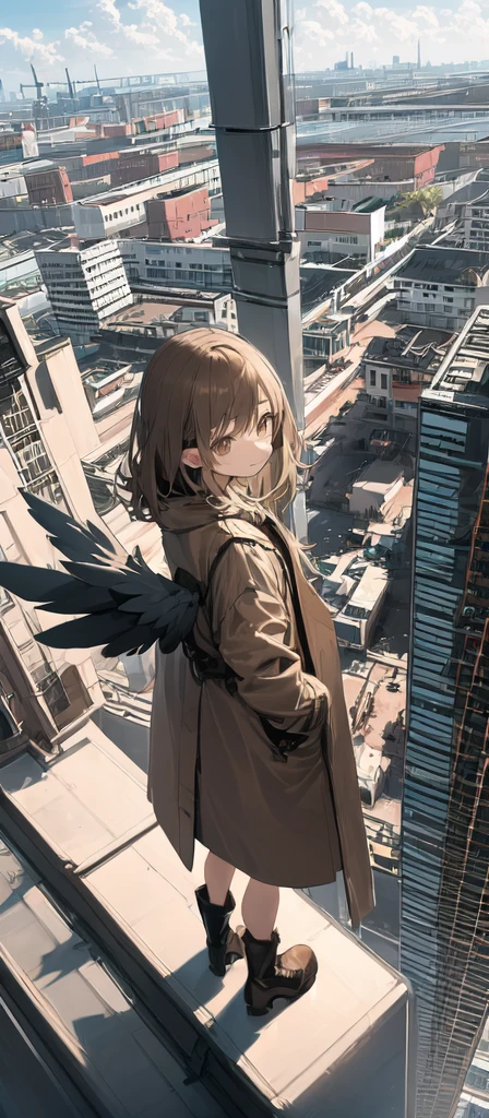 (masterpiece, best quality),from above , 1girl, solo, (feathered wings:1.2), billboard, brown eyes, brown hair, building, city, cloudy sky, coat, boots, crane \(machine\), dutch angle, from side, light frown, looking at viewer, outdoors, rooftop, sky, skyscraper