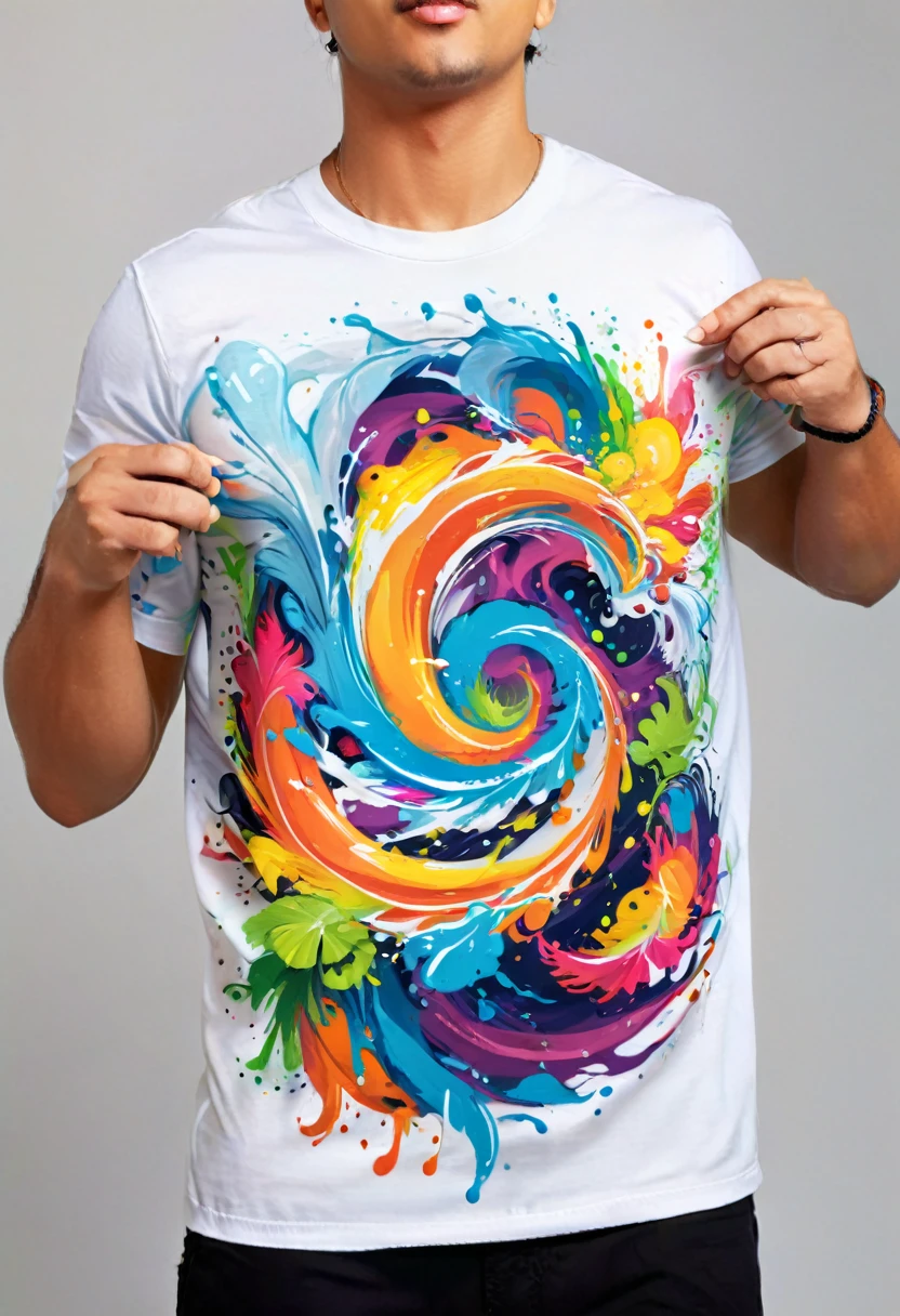 A t-shirt with vector art of a colorful flimingo illustration, At the center, swirly vibrant colors, paint splashes and smears, high détail,Hawaii Background
(work of art, best qualityer, proffesional, perfect composition, very aesthetic, absurdrez, super verbose, details Intricate:1.3)