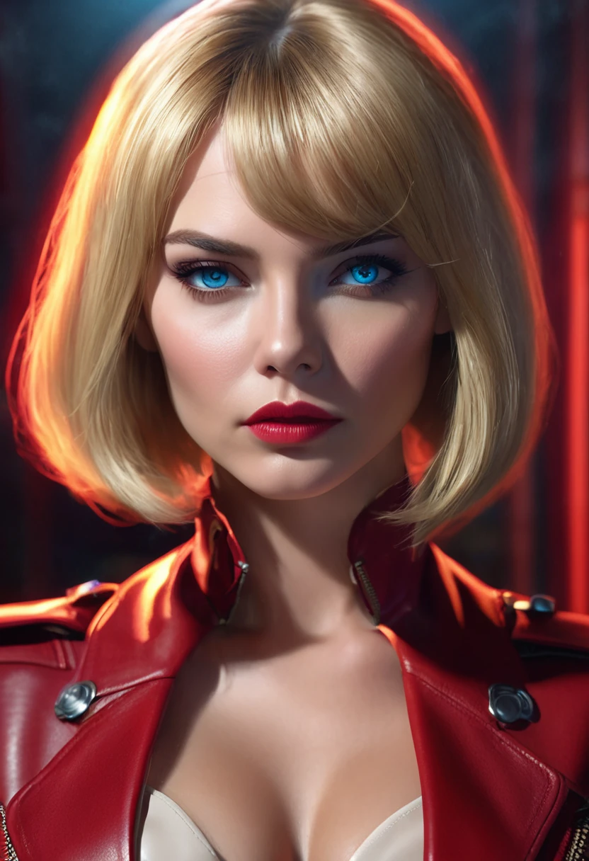 1 woman, inside a secret room, wearing a fine red leather spy outfit, detailed facial features, blue feminine eyes, detailed light skin, blonde hair in a bob cut, strong expression and serious and dramatic lighting, cinematic composition cold, atmospheric fog, beautiful face, thin chin, beautiful woman, feminine and beautiful, 25 years old (best quality, 4K, 8K, high resolution, art: 1.2), ultra-detailed, (realistic, photorealistic, photorealistic: 1.37)