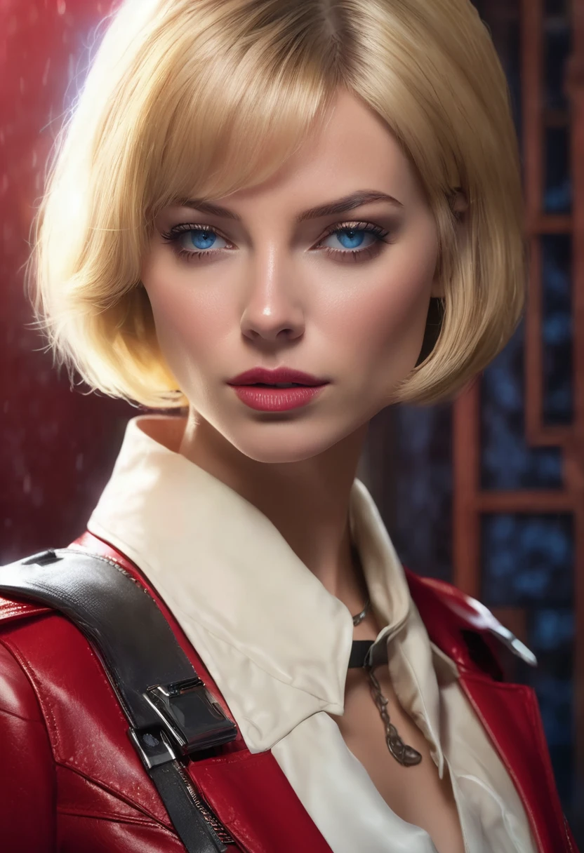 1 woman, inside a secret room, wearing a fine red leather spy outfit, detailed facial features, blue feminine eyes, detailed light skin, blonde hair in a bob cut, strong expression and serious and dramatic lighting, cinematic composition cold, atmospheric fog, beautiful face, thin chin, beautiful woman, feminine and beautiful, 25 years old (best quality, 4K, 8K, high resolution, art: 1.2), ultra-detailed, (realistic, photorealistic, photorealistic: 1.37)