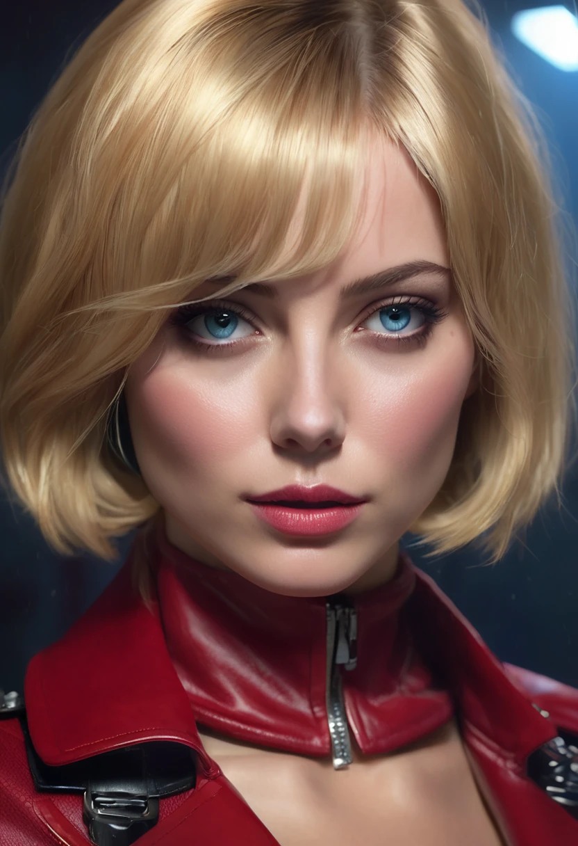 1 woman, inside a secret room, wearing a fine red leather spy outfit, detailed facial features, blue feminine eyes, detailed light skin, blonde hair in a bob cut, strong expression and serious and dramatic lighting, cinematic composition cold, atmospheric fog, beautiful face, thin chin, beautiful woman, feminine and beautiful, 25 years old (best quality, 4K, 8K, high resolution, art: 1.2), ultra-detailed, (realistic, photorealistic, photorealistic: 1.37)
