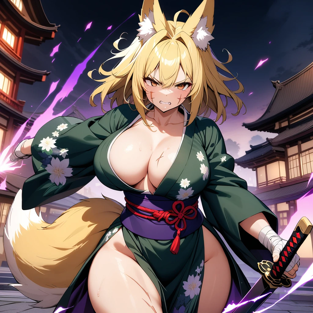 (masterpiece),(best quality),(ultra-detailed),(very aesthetic),nsfw,BREAK,solo,1girl,30 years old,curvy,large breasts,tall,stout build,(toned:0.7),bewitching,(fox tail),blonde fox ears,short hair,blonde hair,beautiful face,(brown eyes),(messy hair),disheveled hair,hair intakes,(fusion of dark green gradient flower print kimono and pelvic curtain:1.2),(loose chest:0.5),clenching teeth,serious,sentimental emotion,incoming attack,assaulting,katana,slahing the katana down at high speed,The trajectory of the blade as it was swung down glows purple aura,tabi,bandaged hand,(japanese shrin,plaza),(scar on cheek,scar on breasts:1.2),cowboy shot