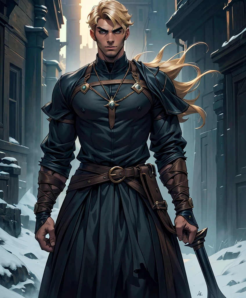 (((Single character image.))) (((1boy))) (((Dressed in medieval fantasy attire.))) (((Generate a darkly handsome male character for a fantasy setting.))) (((Appears to be 20 years old with youthful looks.))) (((Looks like the ideal vision of a sexy, handsome rugged male.))) Design a handsome, attractive male adventurer for a fantasy setting. He has strong features and shoulder length blond hair. (((The background to the image is dark and eerie..))) (((Looks like Jon Kortajarena.))) best quality:1.0,hyperealistic:1.0,photorealistic:1.0,madly detailed CG unity 8k wallpaper:1.0,masterpiece:1.3,madly detailed photo:1.2, hyper-realistic lifelike texture:1.4, picture-perfect:1.0,8k, HQ,best quality:1.0,
