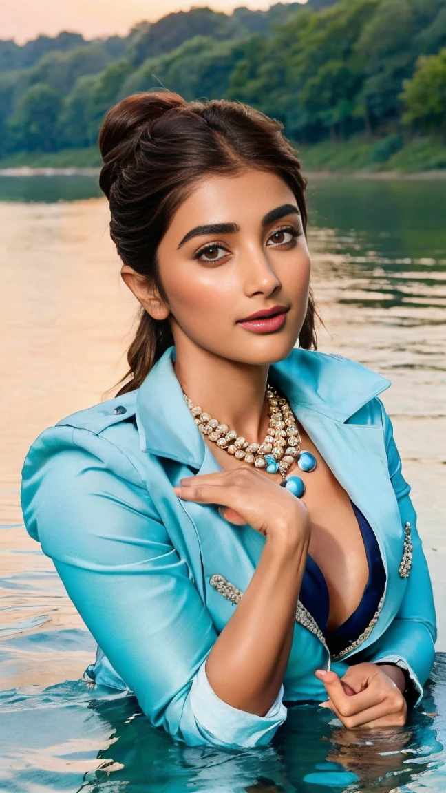 close up photo of 30 years old pooja hegde, doing hand to big penis lying on river, swooping breasts, deep cleavage, look at camera, blue jacket, necklace, French braid hair, 4K, HD