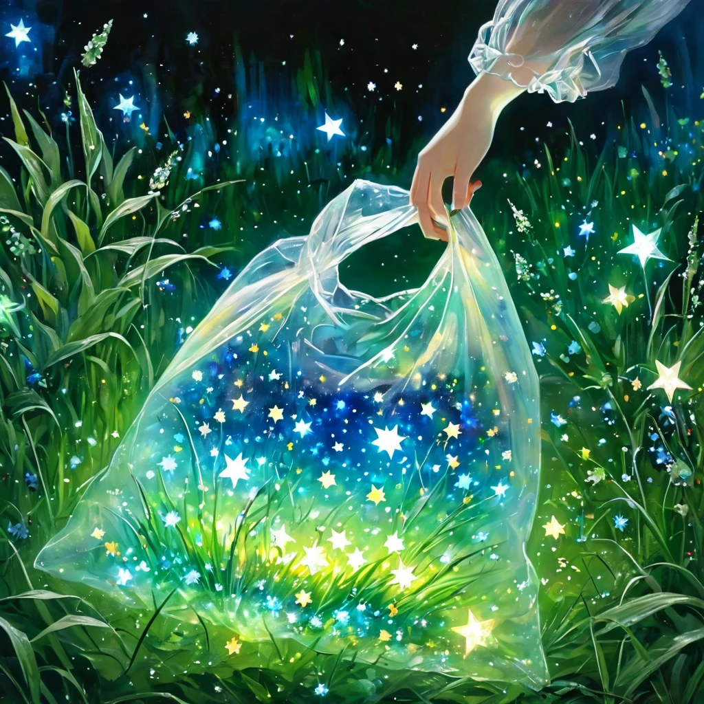 (masterpiece, best quality:1.2),On the grass,Stars in a plastic bag,Luminescence