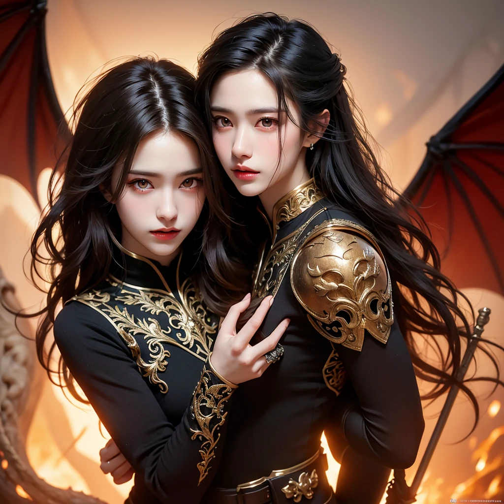 close up, Best quality, masterpiece, ultra high res, 1 girl, beautiful face, detailed skin, gu, dragon, full body, weapon, black hair, holding weapon, blood, arm guards, male focus, looking at viewer, black eyes, tabi, floating hair, full body, orange, hands up