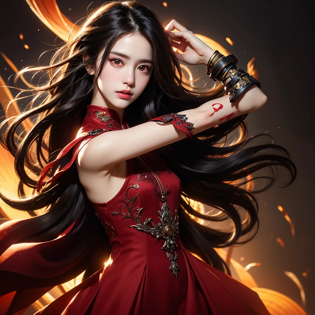 close up, Best quality, masterpiece, ultra high res, 1 girl, beautiful face, detailed skin, gu, dragon, full body, weapon, black hair, holding weapon, blood, arm guards, male focus, looking at viewer, black eyes, tabi, floating hair, full body, orange, hands up