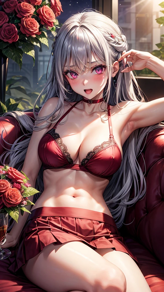 a beautiful girl with gray hair, purple glowing eyes, wearing a red mini skirt, red bra, large breasts, with an open mouth and a red lollipop, blushing, at night, surrounded by flowers, sunlight, on a couch