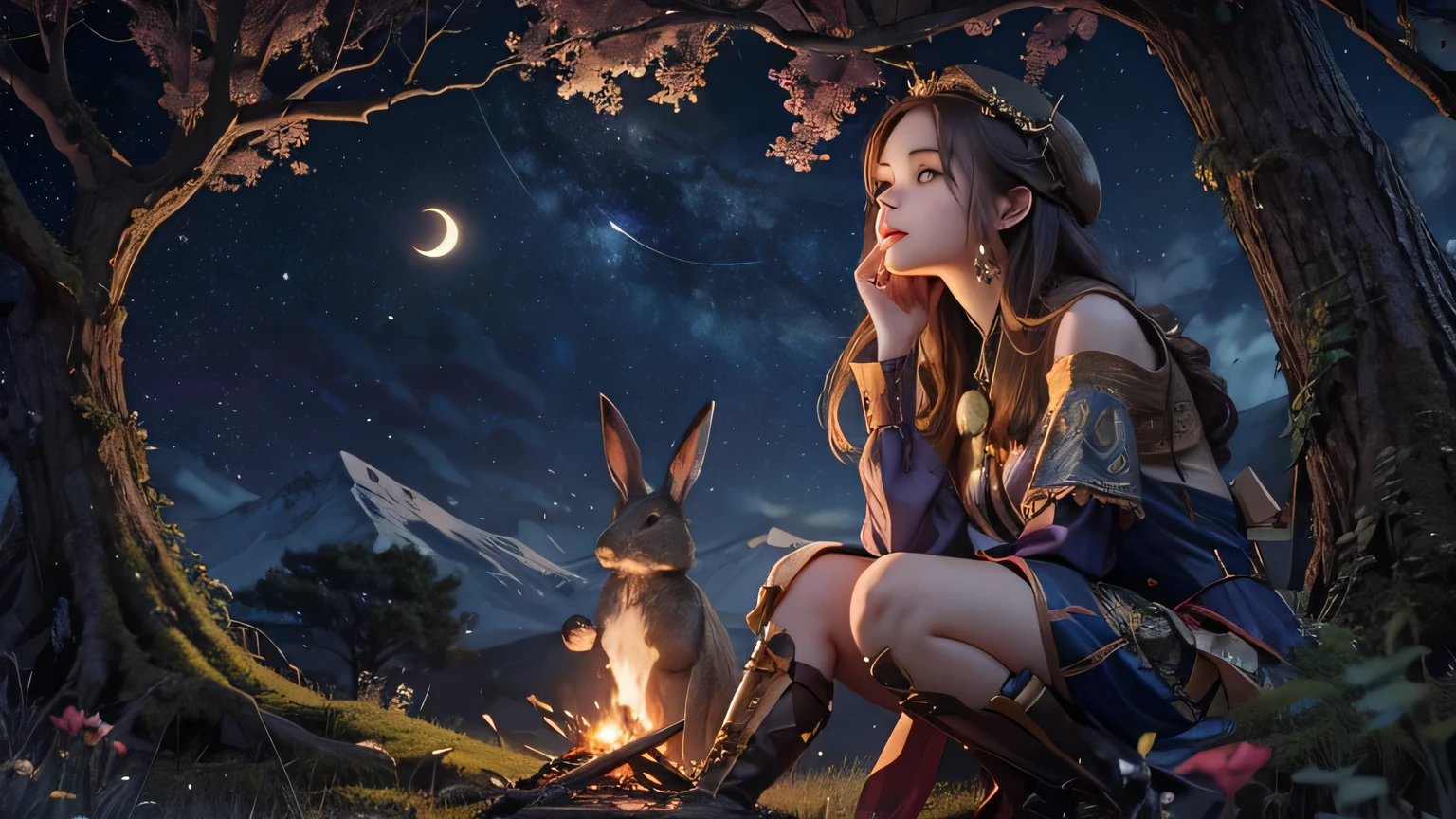 Highest quality　A girl hunter looking up at a tall tree　rabbit　Bonfire　The background is a night forest　Crescent Moon　Photorealistic　Fantasy