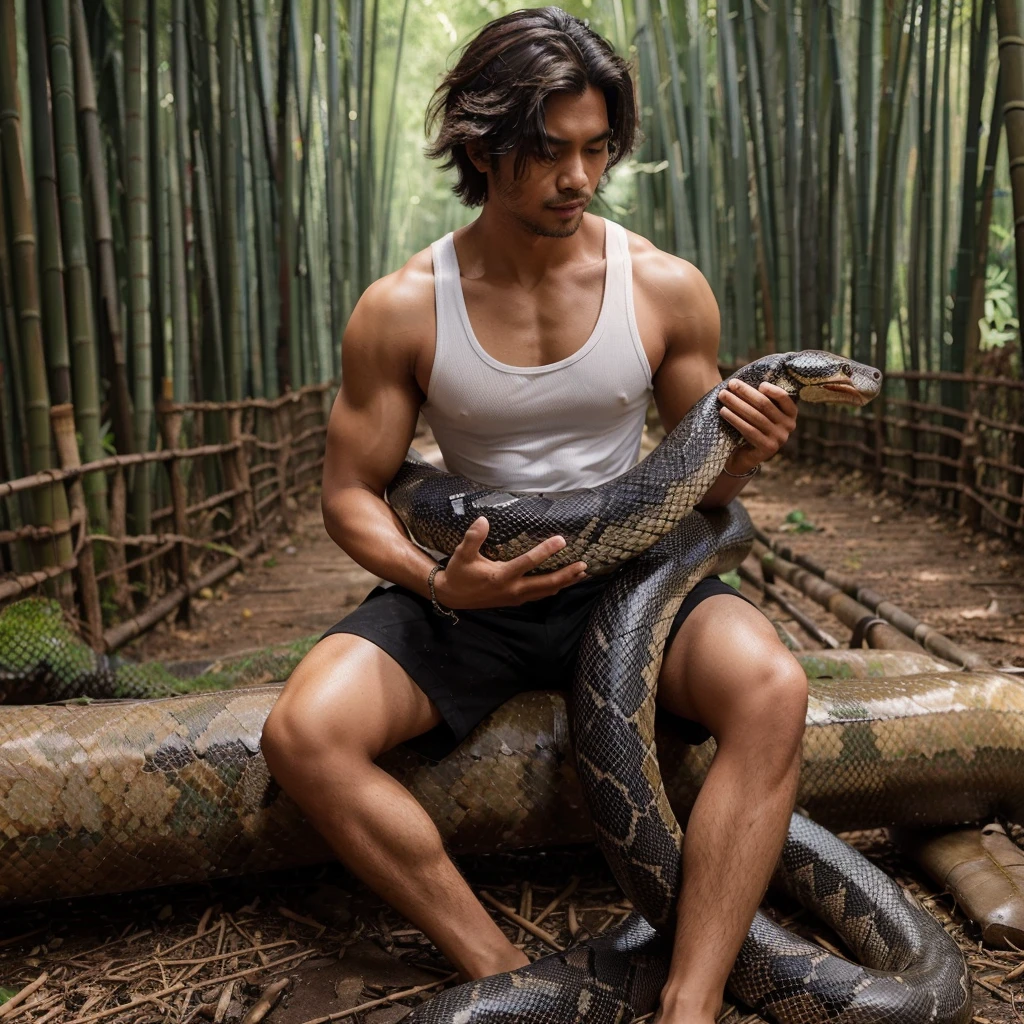 A handsome 30-year-old Indonesian man with layered hair, wearing a white tank top and black shorts, is playing with a very large anaconda snake. The background is a bamboo forest.