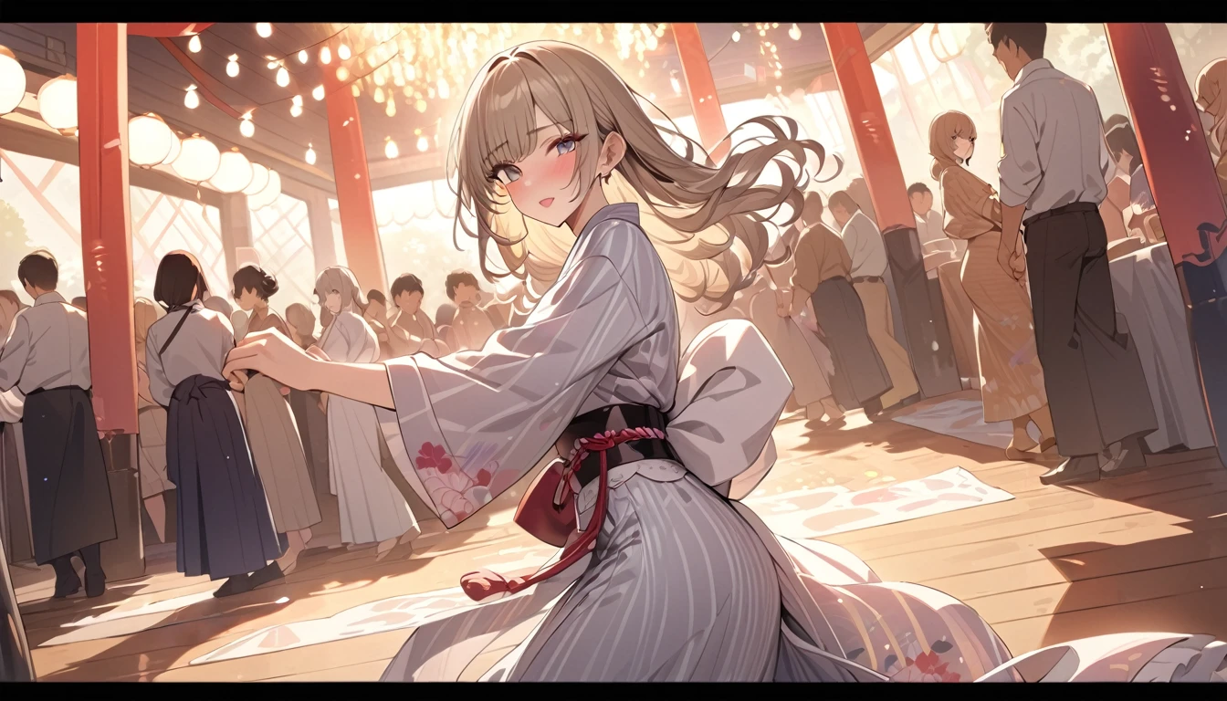 one beautifu girl,long straight gold ash hair,wearing Lolita Japanese yukata,She is dancing Bon dance at the festival venue,(masterpiece), (best quality), (ultra-detailed), (illustration), (detailed light),(an extremely delicate and beautiful)