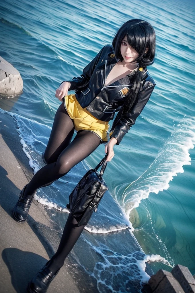 ultra-detailed, highly detailed,nbest quality, masterpiece, illustration, 
A young individual with long, black hair stands on a sandy beach with the ocean in the background. They are wearing a black leather jacket with yellow accents, a black crop top, and blue denim shorts. An umbrella and some stone structures are partially visible behind them. The weather appears sunny and clear.