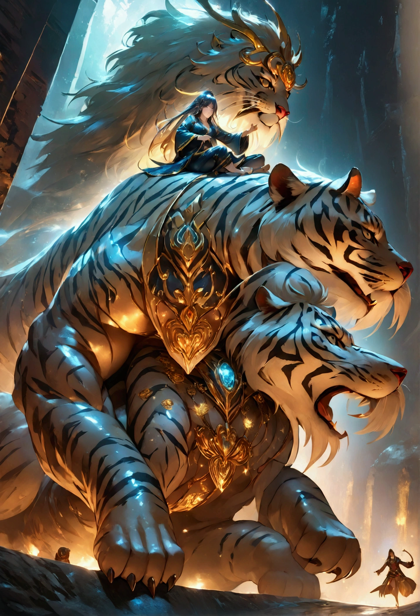 hindu god nava durga sitting in tiger, showing all her 9 forms, detailed clothing, intricate clothing,  action pose, motion, casting pose, ((masterpiece) ), ((best quality) ), extremely detailed cg 8k wallpaper, bright colors, Dramatic light, photoreal full body (wide-angle lens, Panoramic:1. 2) , fantasy, hyper-realistic, amazing fine detail, rich colors, realistic texture, vignette, moody, dark, epic, gorgeous, film grain, grainy, beautiful lighting, rim lighting, magical, shallow depth of field, photography, neo noir, volumetric lighting, Ultra HD, raytracing, studio quality
