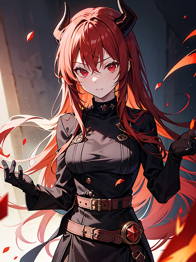Girl with copper-amber hair, dark red eyes , sexy dark clothes, sly facial expression, , on the head there are black small demonic horns, average build , belt art , high detail studio light