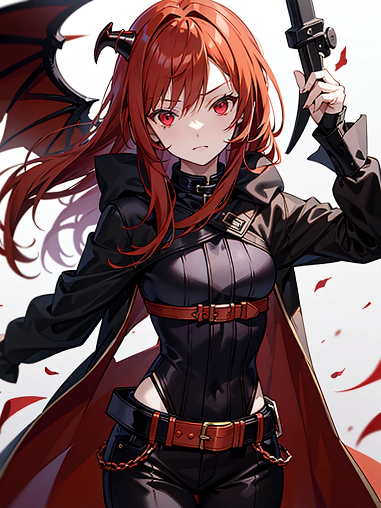 Girl with copper-amber hair, dark red eyes , sexy dark clothes, sly facial expression, , on the head there are black small demonic horns, average build , belt art , high detail studio light