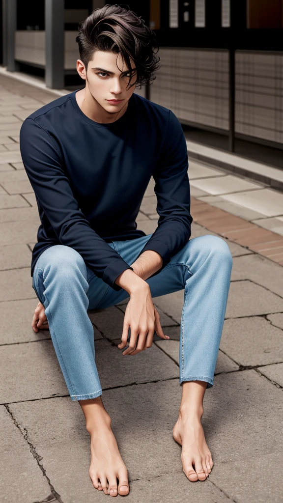 Create a highly detailed image of a mysterious and thoughtful young man in a crouched position. The character should have spiky black hair, large expressive eyes with dark circles, and a pale complexion. He is dressed in a loose-fitting white long-sleeve shirt and dark blue jeans. His pose is distinctive, with one hand near his mouth and the other resting on the ground for balance, and he is barefoot. The background should be minimalistic and white to emphasize the character's unique appearance and contemplative demeanor. The lighting should be soft, highlighting the character's thoughtful expression and unique posture.