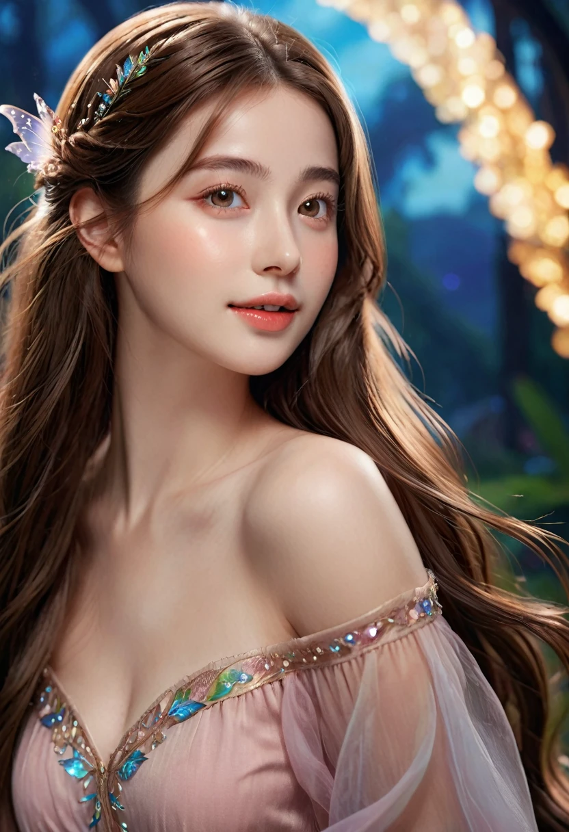 (character,20-year-old girl,adventurous fairy,beautiful,happy,brown hair,long hair),(best quality,4k,8k,highres,masterpiece:1.2),ultra-detailed,(realistic,photorealistic,photo-realistic:1.37),fantasy,portrait,vibrant colors,soft lighting,detailed face,detailed eyes,detailed lips,detailed skin,detailed clothes,detailed accessories,detailed background,cinematic,dramatic lighting,magical,whimsical