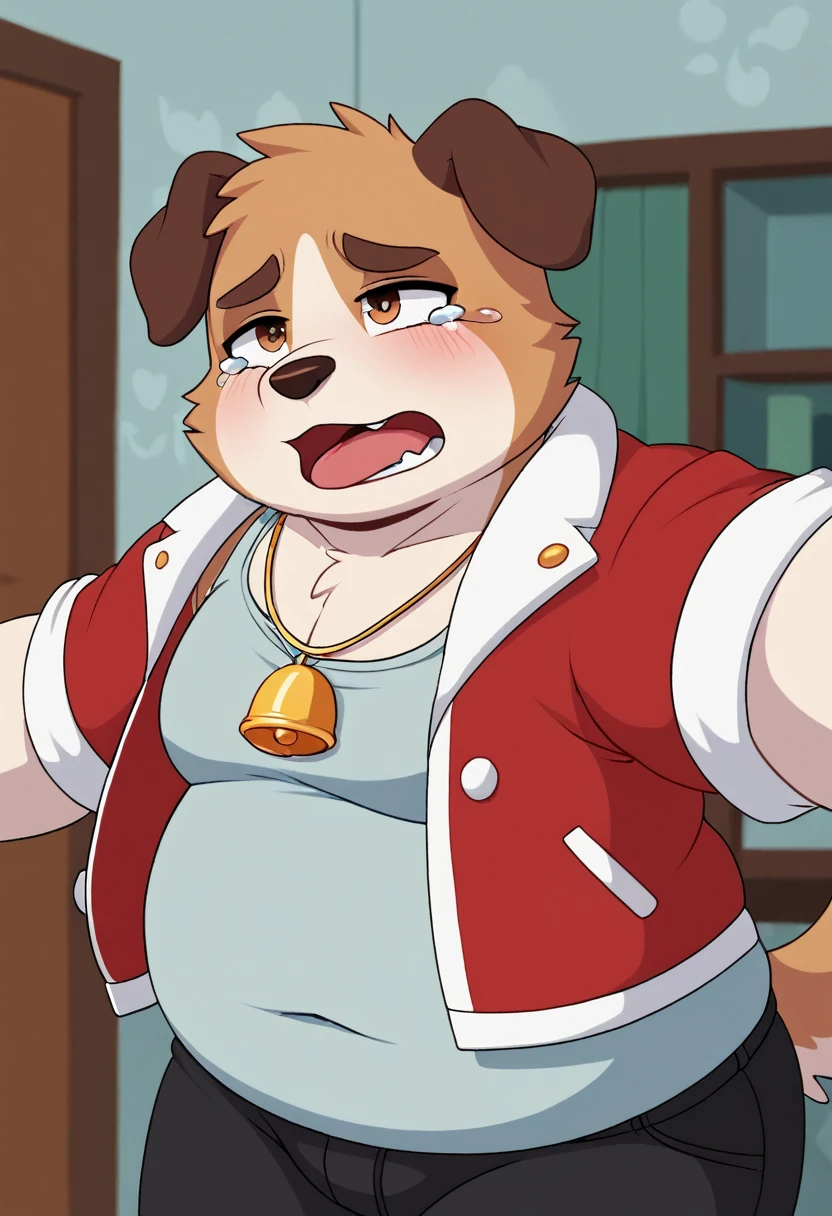 A man slightly chubby, shaped like a white dog brown ears , he Wear  a loose jacket and  Wear a necklace with bell  , sat crying in the corner of the room with a desperate face 