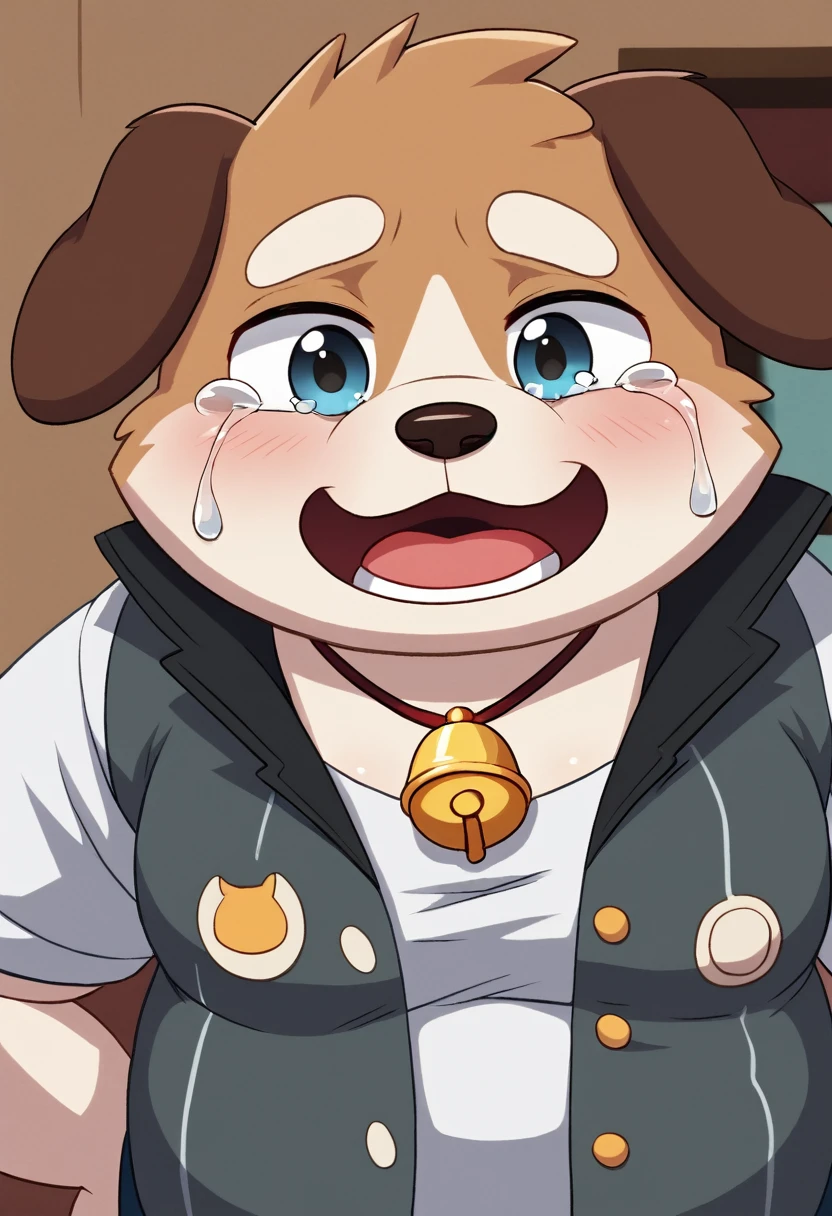 A man slightly chubby, shaped like a white dog brown ears , he Wear  a loose jacket and  Wear a necklace with bell  , sat crying in the corner of the room with a desperate face 