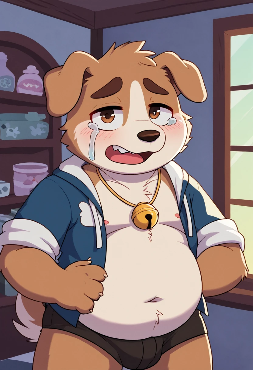 A man slightly chubby, shaped like a white dog brown ears , he Wear  a loose jacket and  Wear a necklace with bell  , sat crying in the corner of the room with a desperate face 