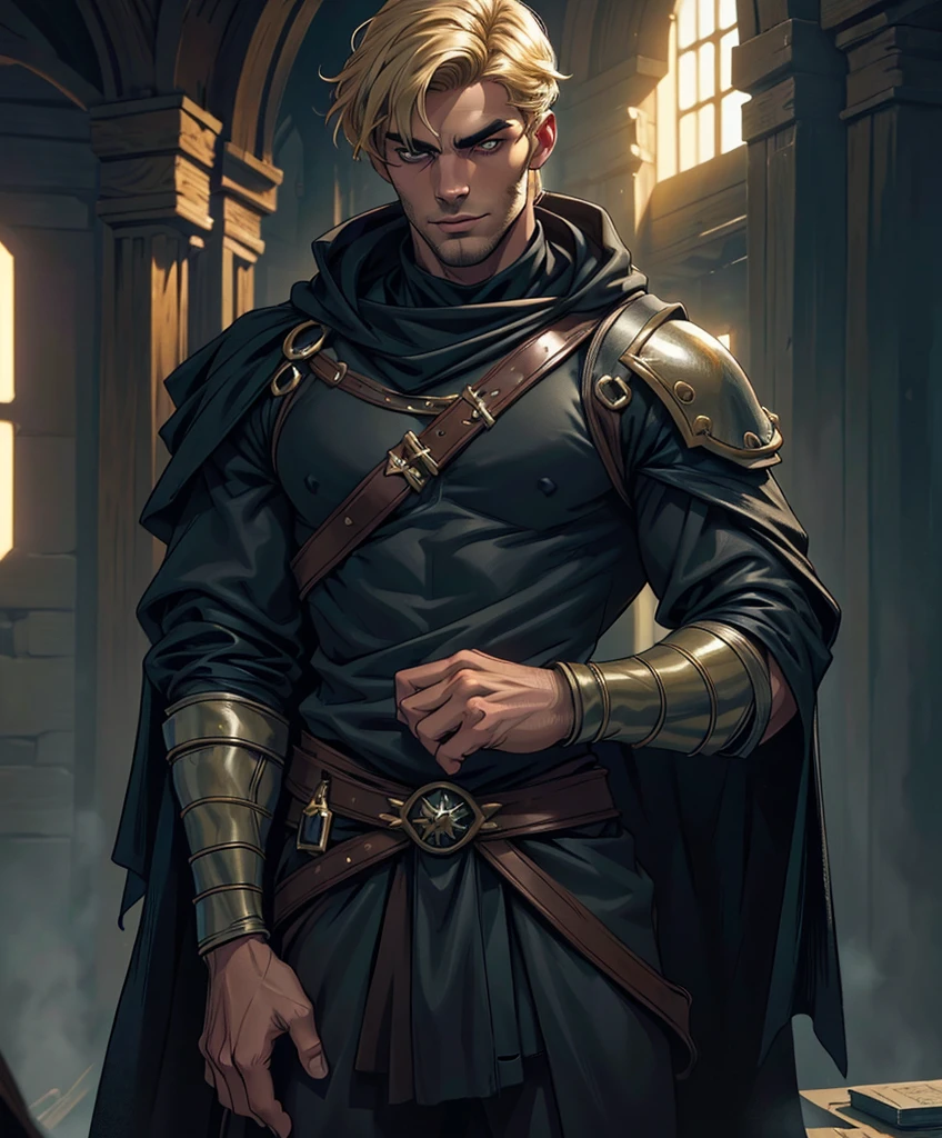 (((Single character image.))) (((1boy))) (((Dressed in medieval fantasy attire.))) (((Generate a darkly handsome male character for a fantasy setting.))) (((Appears to be 20 years old with youthful looks.))) (((Looks like the ideal vision of a sexy, handsome rugged male.))) Design a handsome, attractive male adventurer for a fantasy setting. He has strong features and shoulder length blond hair. (((The background to the image is dark and eerie..))) (((Looks like Jon Kortajarena.))) best quality:1.0,hyperealistic:1.0,photorealistic:1.0,madly detailed CG unity 8k wallpaper:1.0,masterpiece:1.3,madly detailed photo:1.2, hyper-realistic lifelike texture:1.4, picture-perfect:1.0,8k, HQ,best quality:1.0,