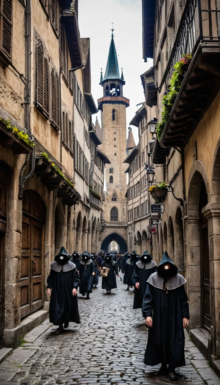 Medieval European city overwhelmed by plague, with rat-infested streets and masked plague doctors"