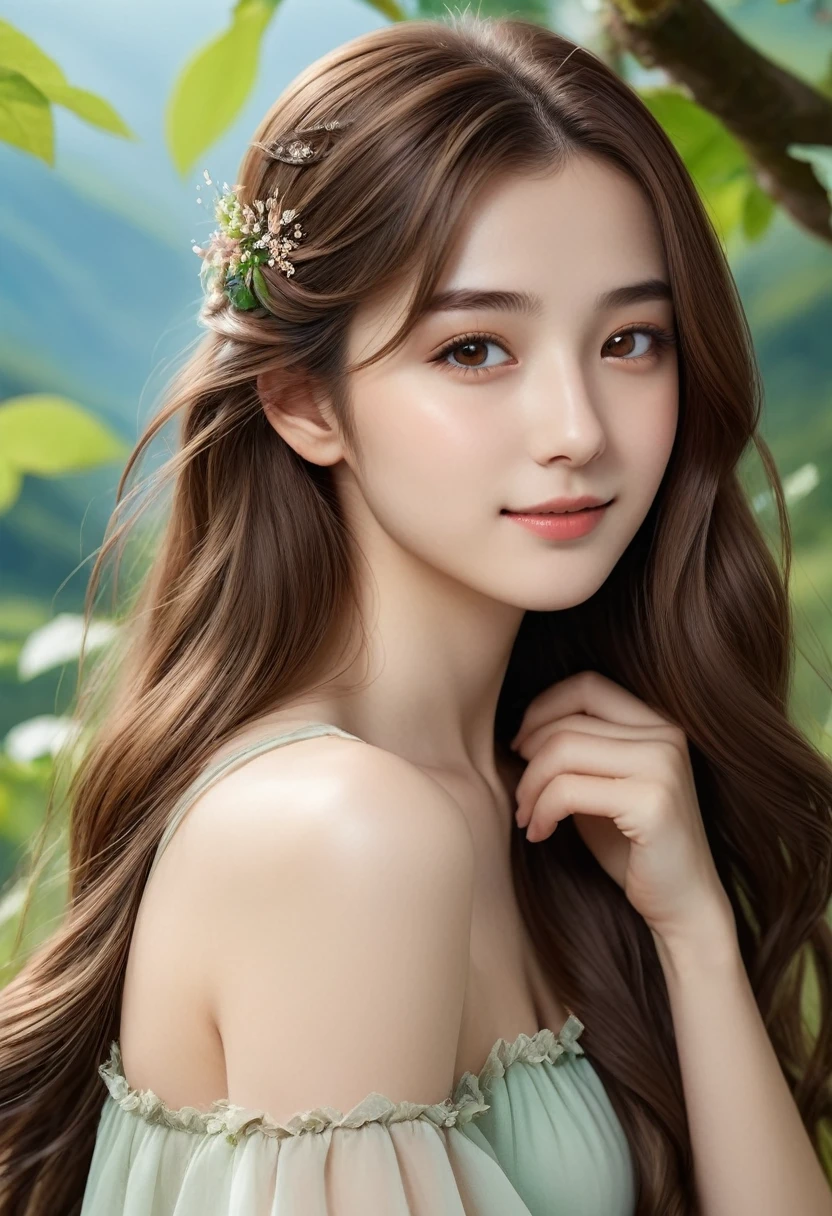 ((Highest quality))) (((High resolution))) (((8K))) (character) 20-year-old girl, ((Adventurous)) Fairy, ((beautiful)) and ((Happy)), ((Brown Hair)) and ((Long Hair)).