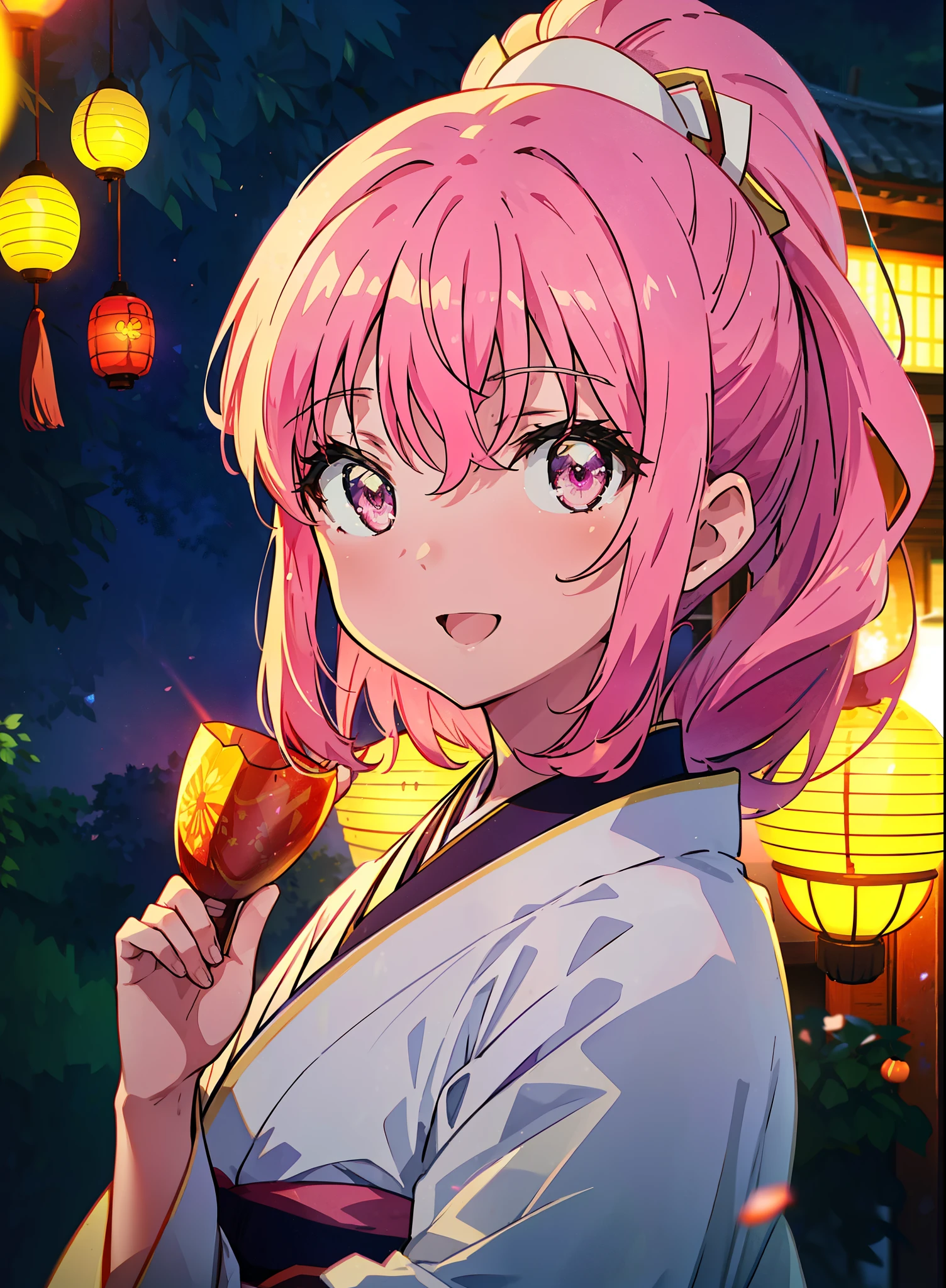 Louise Françoise Le Brun from La V全てiere,Pink Hair,Pink Eyes,Long Hair,ponytail,hair ornaments,happy smile, smile, Open your mouth,White Kimono,Thick sleeves,日本のfestival,夏festivalの屋台,Red Lantern,night,night空のfirework,firework,場所はfirework大会,時間はnightです,sunny day,turn around,まるでwhole bodyがイラストの中にいるかのように,walking,　　　　　　　　　　　　　　　  　　　　　break looking at viewer, whole body, (Cowboy Shot:1. 5),  　　　　　
break outdoors, festival,shrine,
break (masterpiece:1.2), Highest quality, High resolution, unity 8k wallpaper, (shape:0.8), (Beautiful attention to detail:1.6), Highly detailed face, Perfect lighting, Extremely detailed CG, (Perfect hands, Perfect Anatomy),