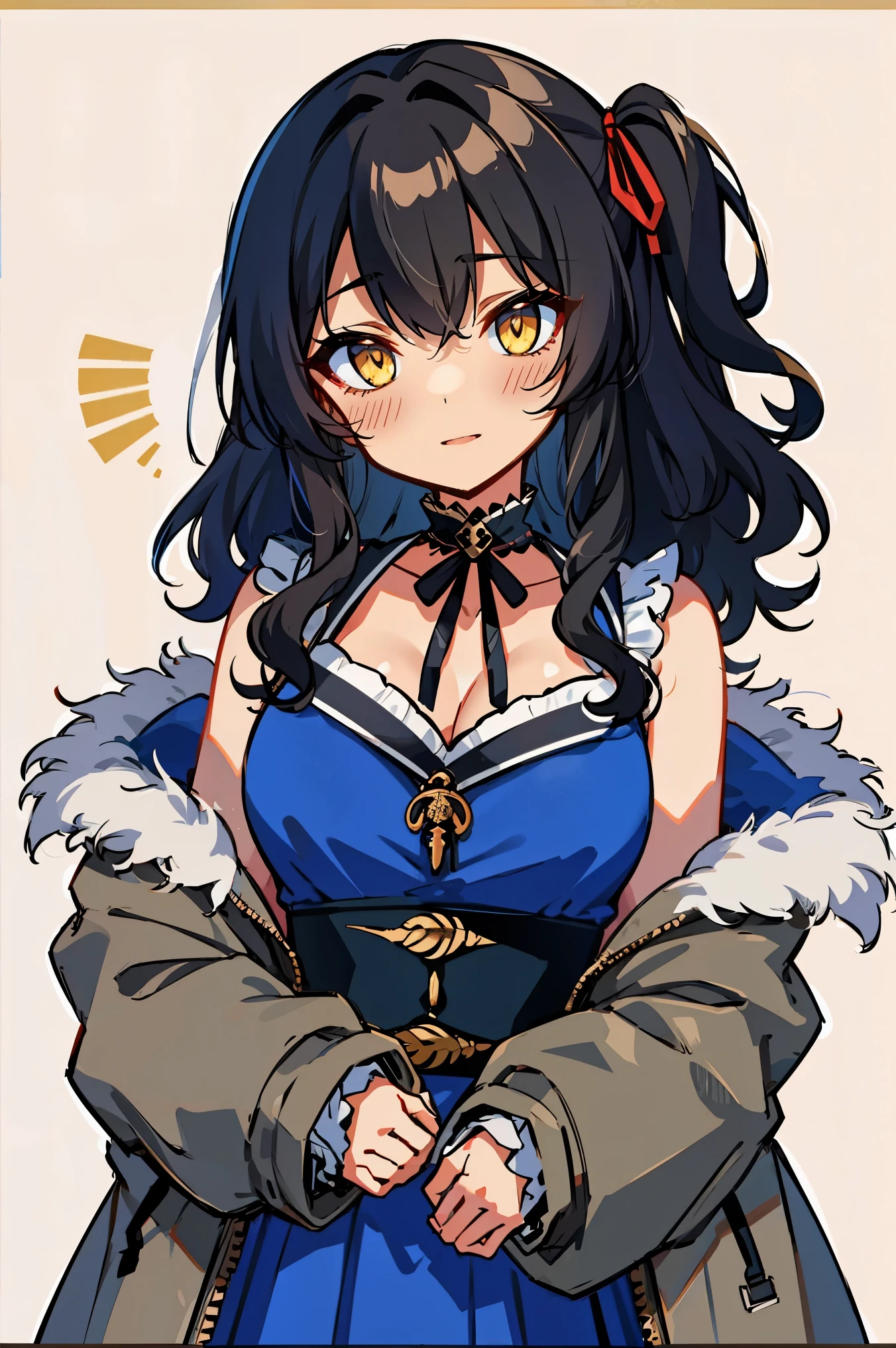 (masterpiece:1.2), (high quality:1.2), (hui xiyi:0.7), rekkyo sensen, rekkyou sensen, girls with((1girl, solo, black hair, yellow eyes, (wavy medium hair, one side up:1.5), blush, breasts, choker, cleavage, coat, cowboy shot, blue dress, black waist tie, red bow, red ribbon, neck ribbon, blouse shirt, frills blouse, fur, khaki jacket, hood down, hooded coat, hooded jacket, hoodie, jacket, large breasts, long hair, long sleeves, medium breasts, open clothes, open coat,open hoodie, sleeveless, winter clothes, zipper, cleavage, upper body, hand up, waving, palm)), background with((bedding, futon, jail, prison:1.45))