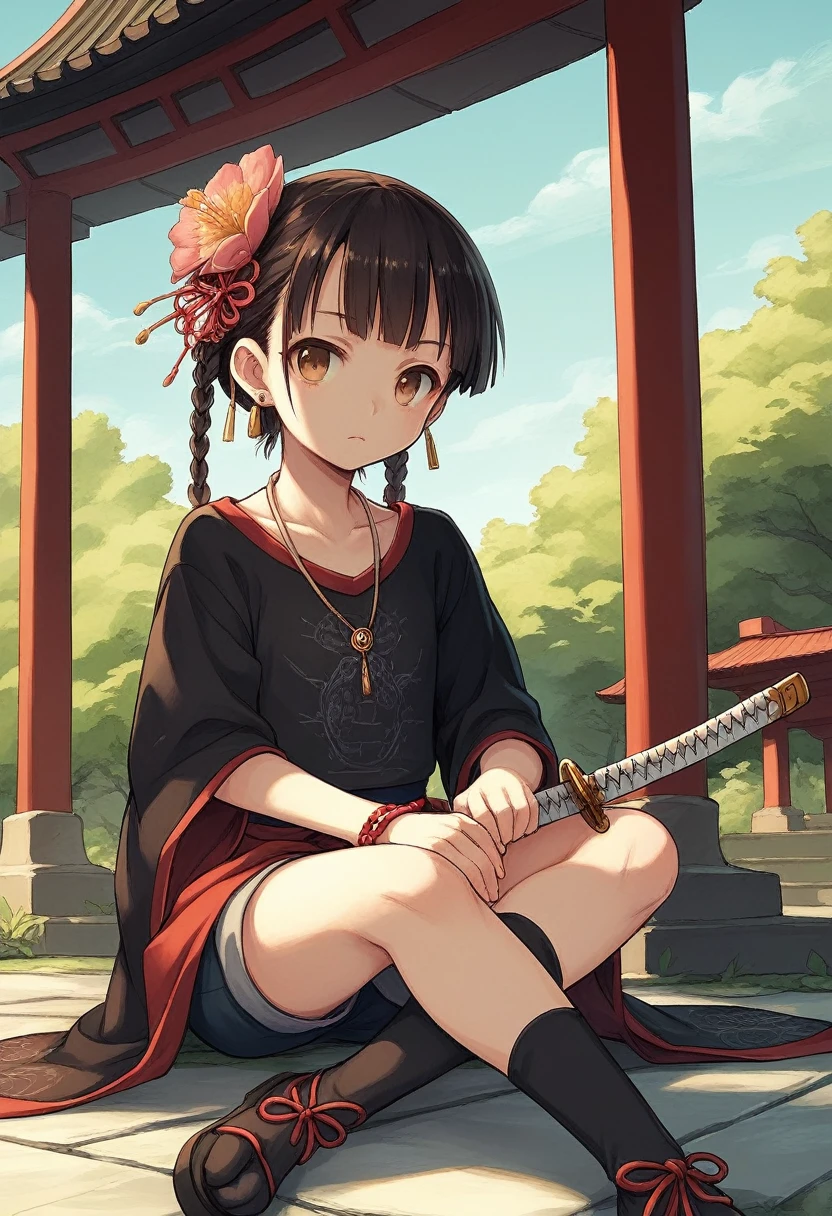 The image shows a young girl sitting in what appears to be an outdoor setting, possibly in an environment resembling a temple or a traditional Japanese area. The girl's hair is black and styled in an anime-like fashion, with two small braids on the sides. Her eyes are large and expressive, with a hint of contemplation or sadness in her gaze. She has tattoos covering her arms and legs, including intricate designs featuring dragons and flowers. She is wearing a loose black shirt with a drawing of a dog on the chest, possibly with some Japanese writings or symbols on the sleeve. She is adorned with several necklaces and bracelets, giving her a youthful and trendy appearance. She also has some earrings. Behind the girl, there is a pair of traditional Japanese swords (katana) strapped to her back, giving her a warrior-like look.緒に